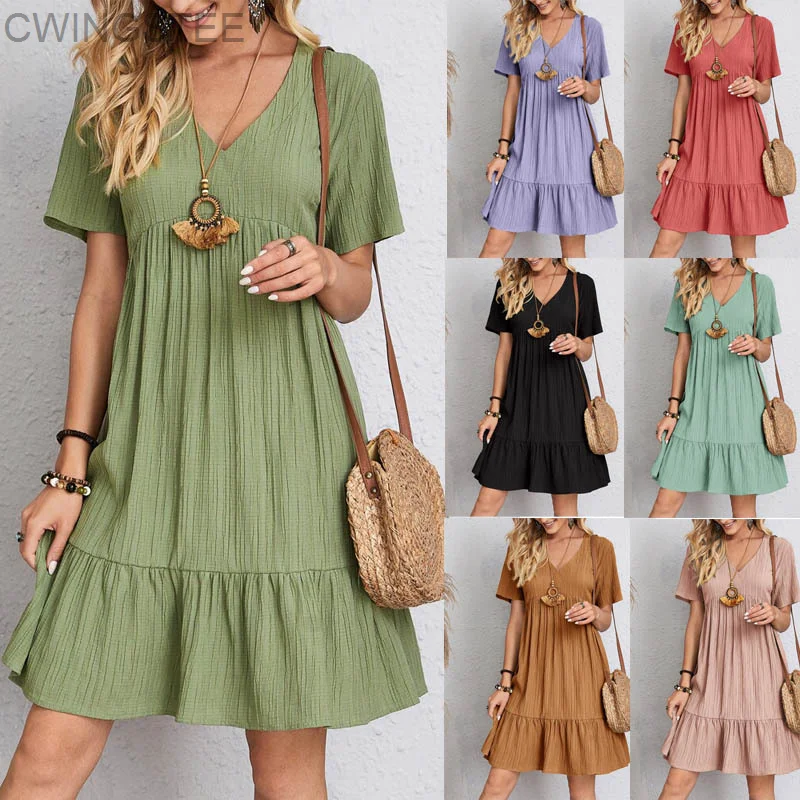 

Women Solid Ruffles Mini Dresses 2023 Summer Casual Loose V Neck High Waist Dress Ladies Vintage Large Big Lace Dresses Vestidos