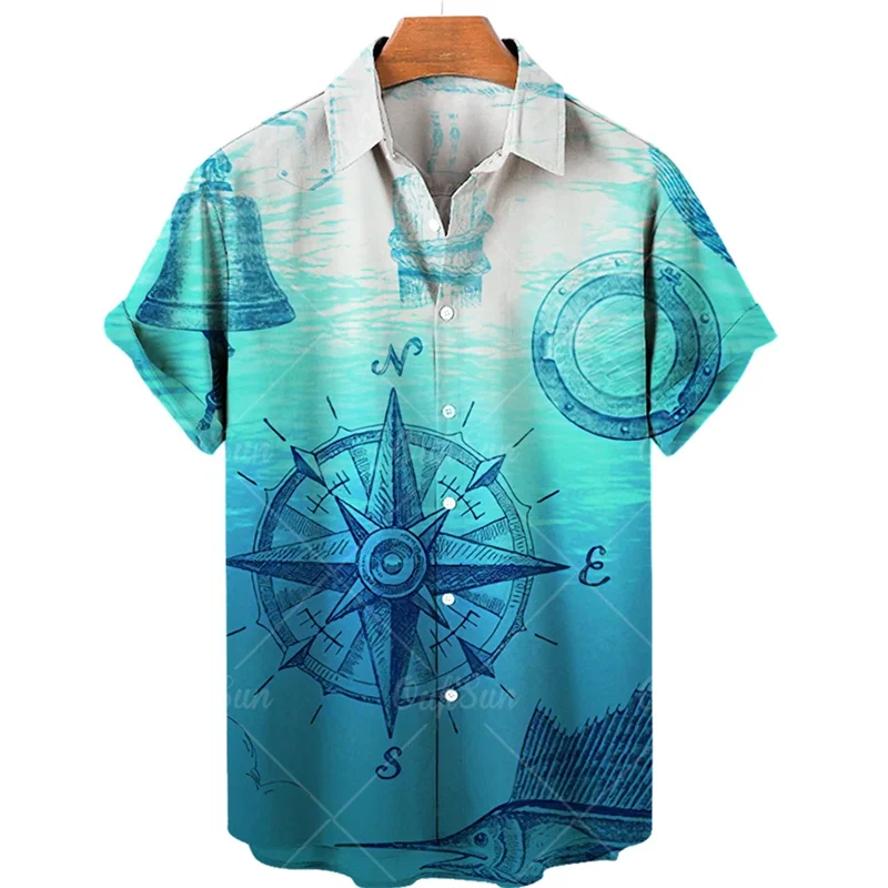 2023 Sailing Compass Men'S Shirts Summer Fashion Short Sleeve Hawaiian Shirts Man Vintage Street Shirt For Men Top Male Clothes 2023 autumn y2k fashion solid sport street hooded jacket men casual pants jogging set classic male gym fitness hoodie outfits