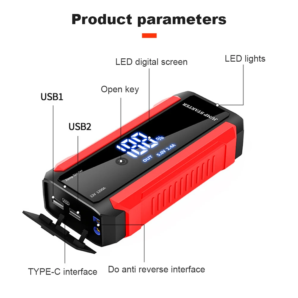 30000mAh 12V Auto Battery Booster Charger 1000A LED Flashlight Portable Car Emergency Booster Power Bank Starting Device