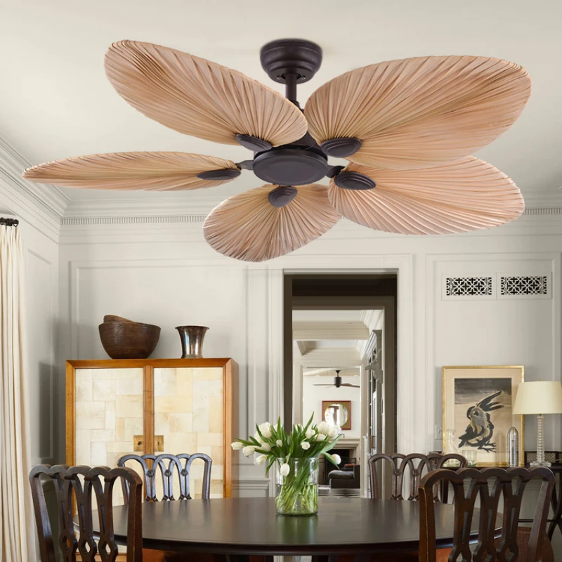 

2022 New High Quality 52inch Factory Price Natural Breeze Palm Leaf Fan Blades 220V Remote Control Ceiling Fan Living Room