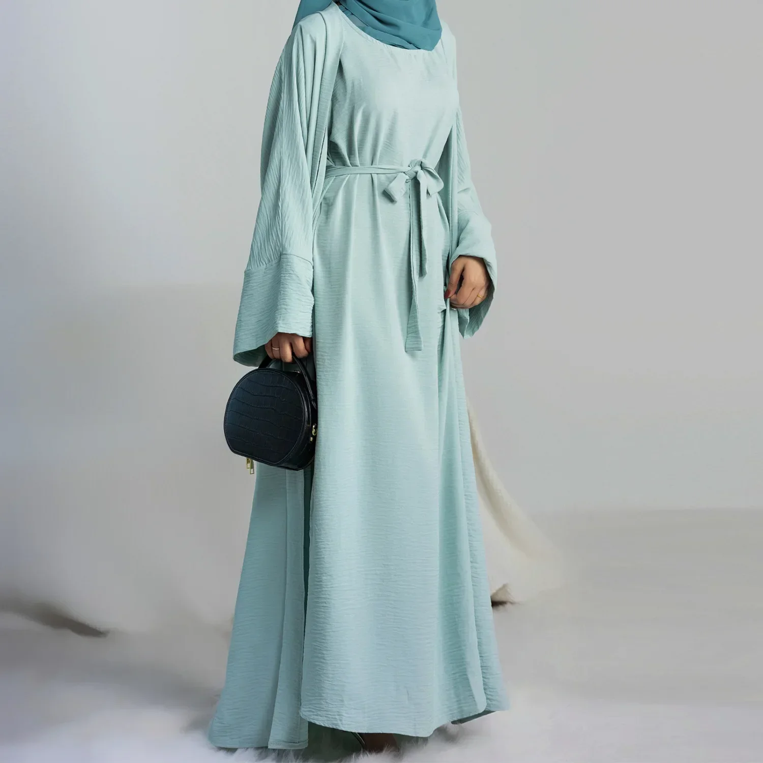 Muslim Woman Set 2 Pieces Open Abaya + Sleeveless Inner Hijab Dress Matching Outfit Suit Dubai Turkey Kimono Islamic Clothing