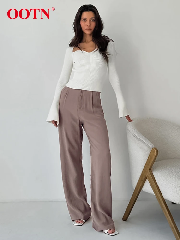 OOTN Street Chic Pleated High Waist Pants Elegant Brown Full Length Pant  Women 100% Polyester Autumn Solid Trousers 2023 Pockets - AliExpress