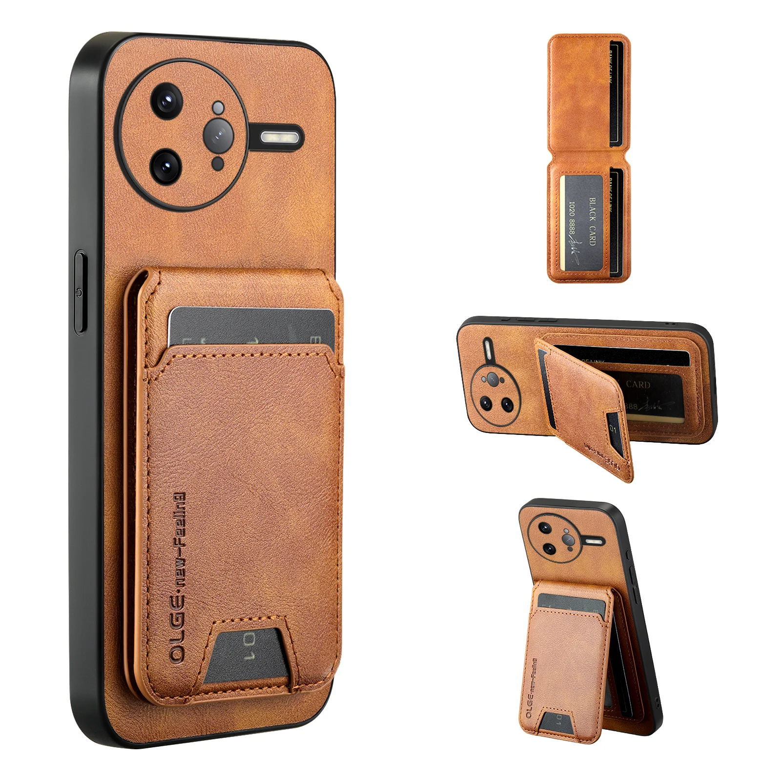 Magnetic Leather Wallet Card Holder Case with Mag-Safe Stand and Full Camera Protection