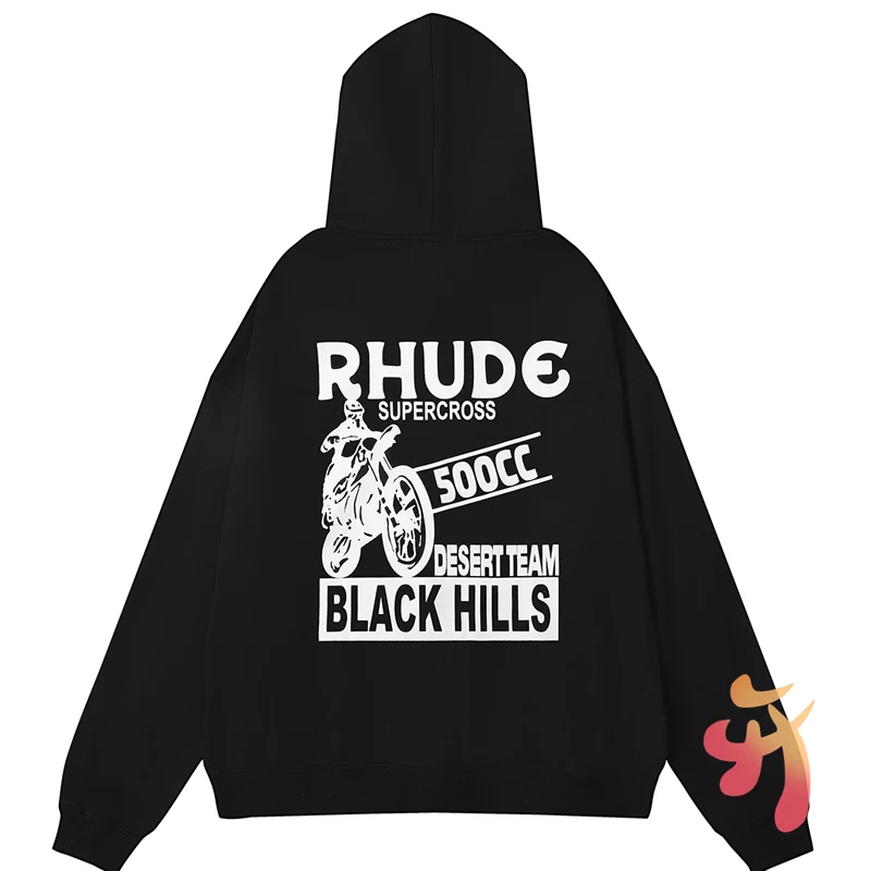 

Autumn Winter Fashion New Rhude Hooded Sweatshirts Classic Black High Weight Cotton Circle Hoodies Unisex Daily Casual Pullover