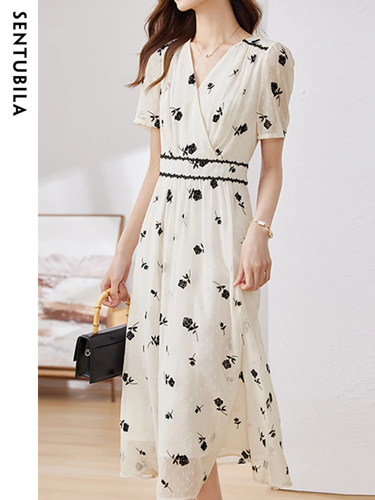 

SENTUBILA Contrast Lace Jacquard Midi Dress for Women 2023 Summer Elegant Black Floral Short Puff Sleeve Holiday Flowy Dresses