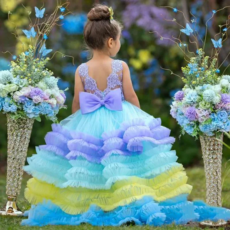 

Flower Girl Dress For Wedding Tulle Puffy Rainbow Applique Tiered Sleeveless with Bow Birthday Party First Communion Ball Gowns