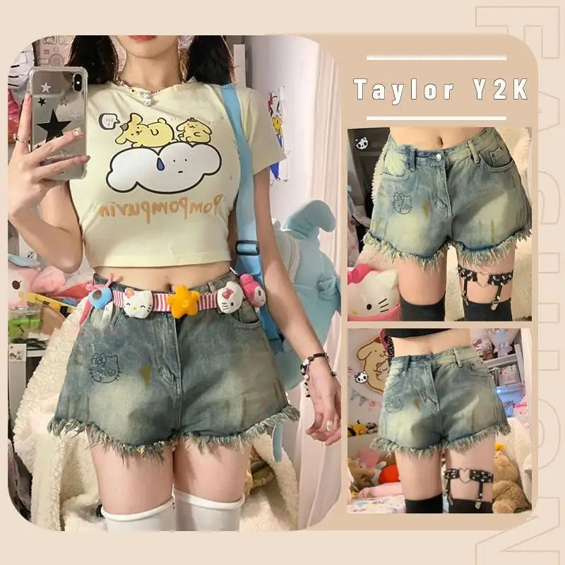 

Kawaii Sanrio Hello Kitty Jeans Cartoon Anime Y2K Spicy Girls Shorts Japanese Fashion Slim Fit Retro High Waist Wide Leg Pants