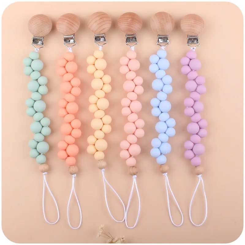 

New Solid Color Silicone Pacifier Clips Safe Baby Pacifier Chain Clip Nursing Soother Holder Silicone Beads Teether Wood Clip