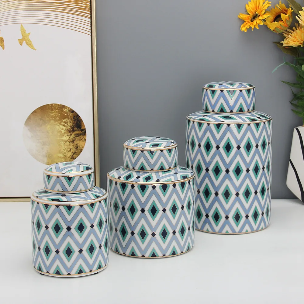 

Simple Ceramics Plaid Cylindrical Tank with Cover Storage Tank Sealed Jar Desktop Vase Ornament Ceramic Crafts Home Decoration