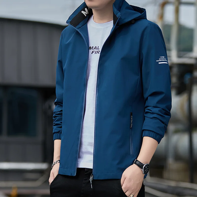 Spring Autumn Men's Solid Color Hooded Jacket Outdoor Sport Casual Windproof Jacket Fashion Handsome Slim Fitting Workwear Coat