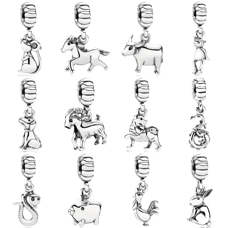 

925 Sterling Silver Chinese Zodiac Signs Hourse Dog Snake Rat Mouse Rabbit Pendant Bead Fit Europe Bracelet Fashion DIY Jewelry