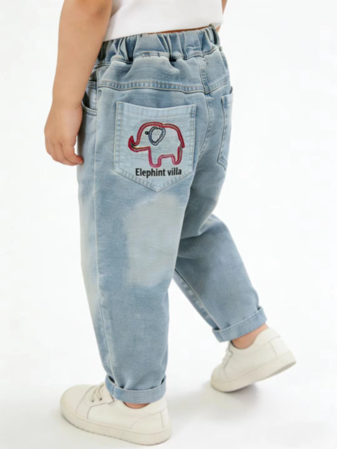 소년 코끼리 자수 데님 청바지 키즈 라이트 블루 루즈핏 팬츠 아동용 신축성 허..