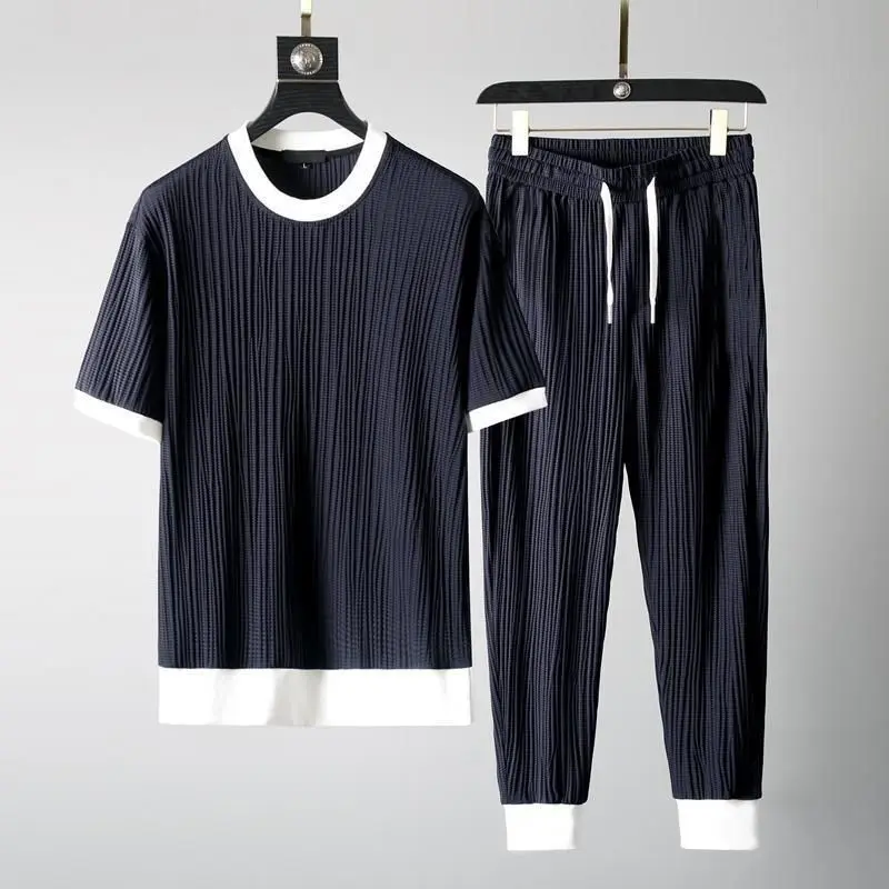 2024 New Minimalist Summer Solid Color Men's T-shirt Pleated Elastic Breathable Short Sleeved Thin Loose Ankle Length Pants Sets