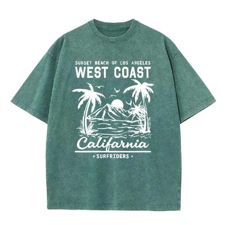 Palm Tree Graphic Slogan Black Round Neck Casual T-shirt