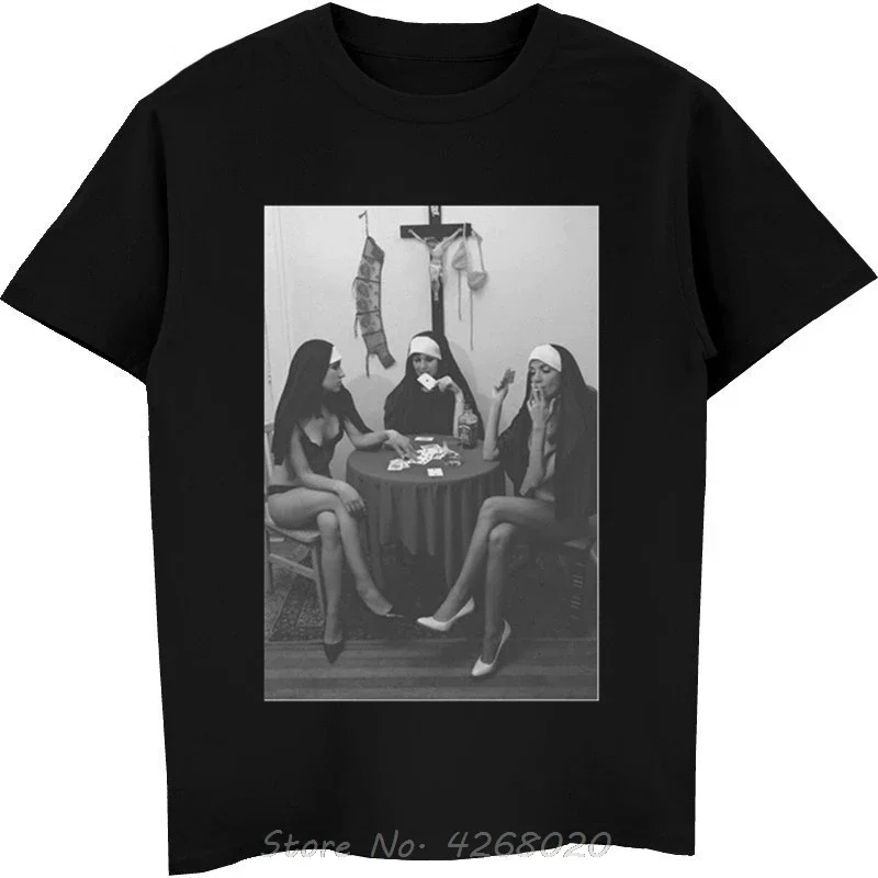 Fun men's T-shirt Nun playing cards smoking New casual clothing Men Fashion Men 100% cotton clothing O collar top T-shirt