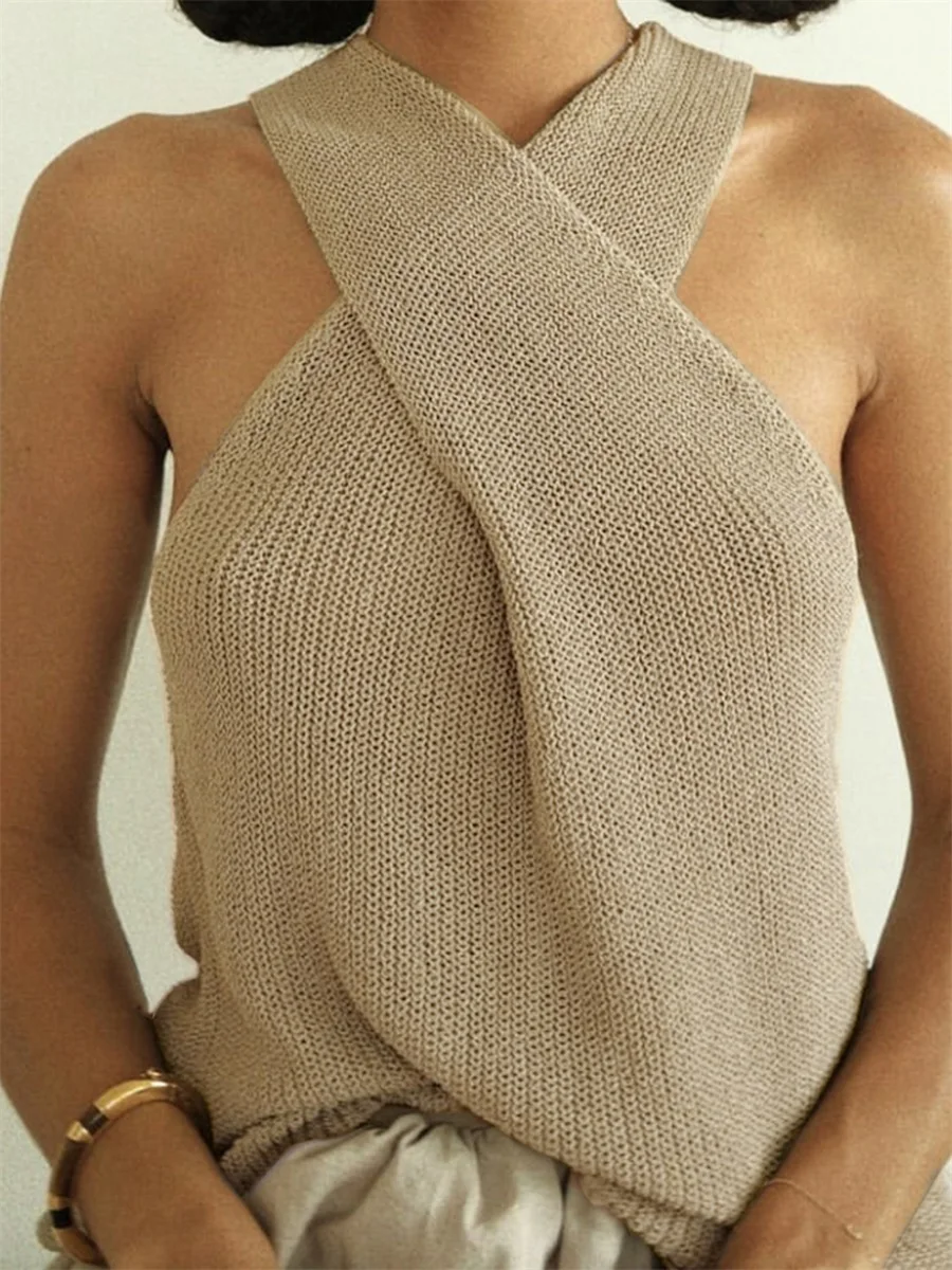 Image of Women's Summer Knit Tank Tops Solid Color Sleeveless Cross Front Slim Sweater Vest Ladies Chic Camis Vest for Streetwear Y2K 00s