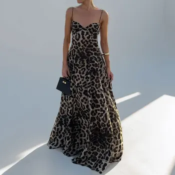 VEITCHE Summer Vintage Lepord Print Sling Dress Women Suspender Sleeveless Backless High Waist Long Dress Lady Maxi Robe 1