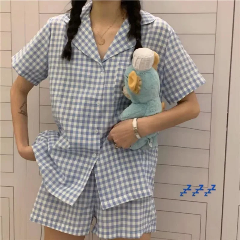 Pajama Women's Summer Ins Plaid Short Sleeved Shorts Cardigan Home Clothing Suit Casual Comfortable Cute Princess Sleepwear Set