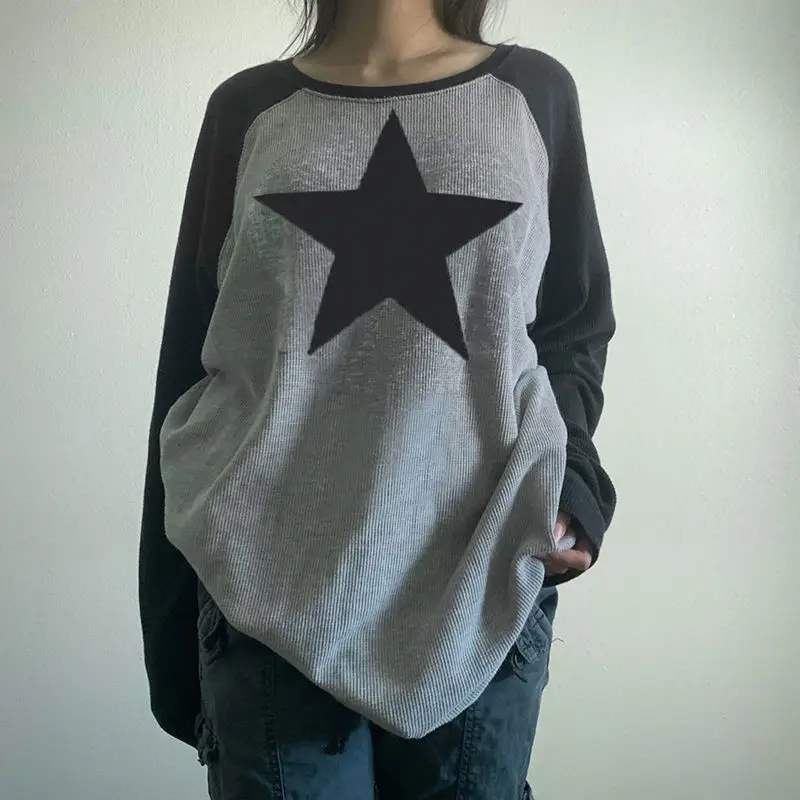 

2023 Y2k Star Print Contrast Color O Neck Long Sleeve Women T Shirt Vintage Harajuku Loose Pullovers Punk Gothic Streetwear