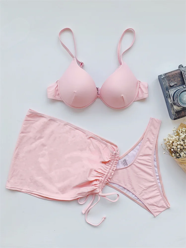 Solid High Waist Bikini 2022 Women Swimsuit 3 Pieces Push Up Bikini Sexy Beach Wear Swim Set Drawstring Swimwear Bathing Suit