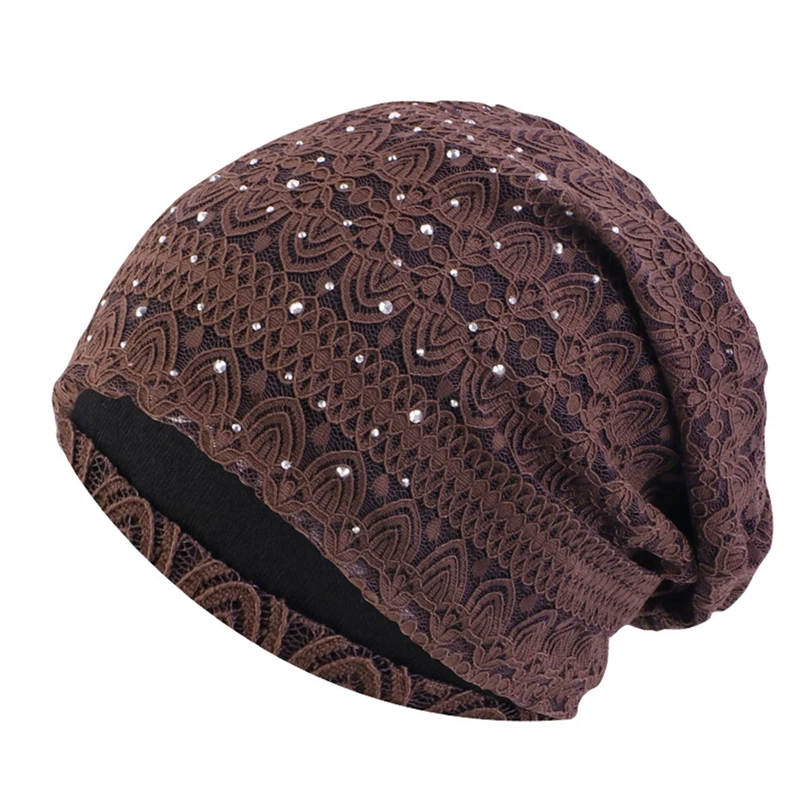 Crystal Lace Beanies Hat Women Slouchy Knit Hats Flower Headscarf Cap Ladies Comfortable Fashion Skullies Turban Hair Cover 2