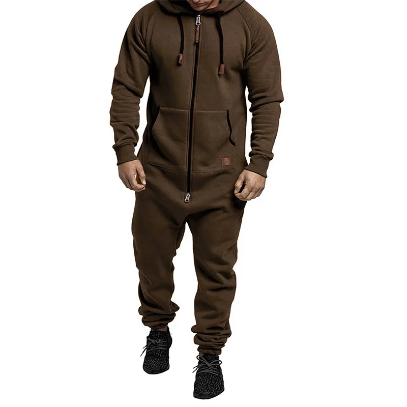 Men's Winter Hooded Jumpsuits Pockets Warm Long Sleeve Full Zipper Up Overalls Sweatsuits Drawstring