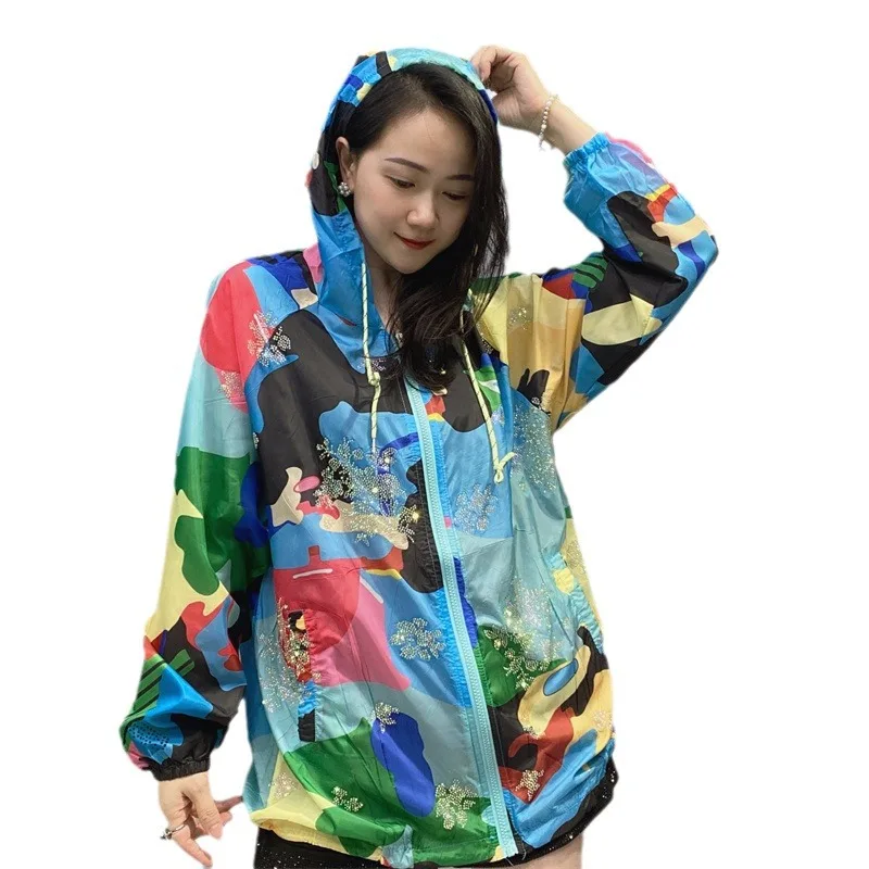 Summer Fashion Sun Colorful Hot Diamond Camouflage Sunscreen Cardigan Loose Printing Color Camouflage Hooded Women Thin Tops
