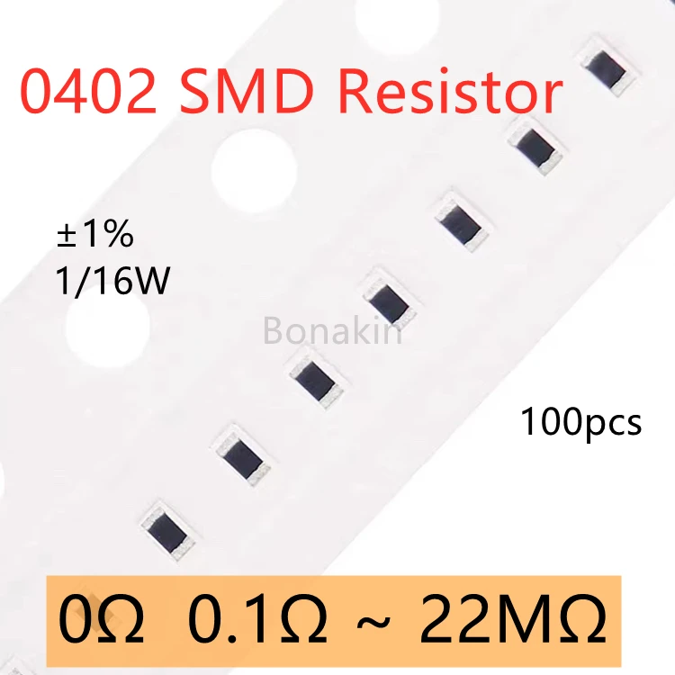100pcs 0402 1% SMD Resistor 0R 4.7&Omega; 10 ohm 22R 33R 100R 120R 200R 470R 1K 1.5K 2K 2.2K 4.7K 5.1K 10K 12K 13K 20K 30K 47K 200K 1M metal film resistor smd resistor metal film resistors smd chip resistor
