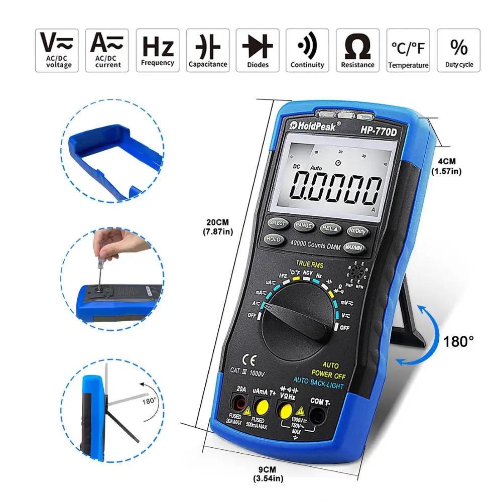 

HoldPeak HP-770D True RMS Digital Multimeter Auto Range Multimetro 40000 Counts Measure Ohm Volt Amp Capacitor Tester