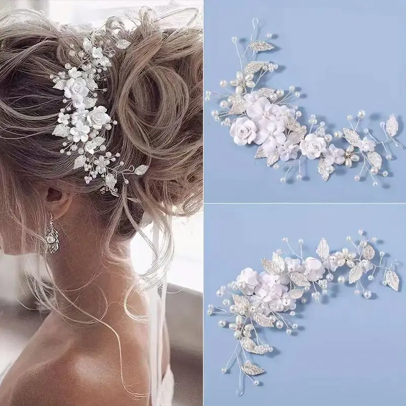 Bride Ceramic Flowers Wedding Headband with Crystal Pearls Bridal Hairband Women's Hairpin Stylish Headpiece Hair Jewelry Access hair accessory,pearl hairpins,hair headdress,jewelry accessories,bridal headwear,hair band crown