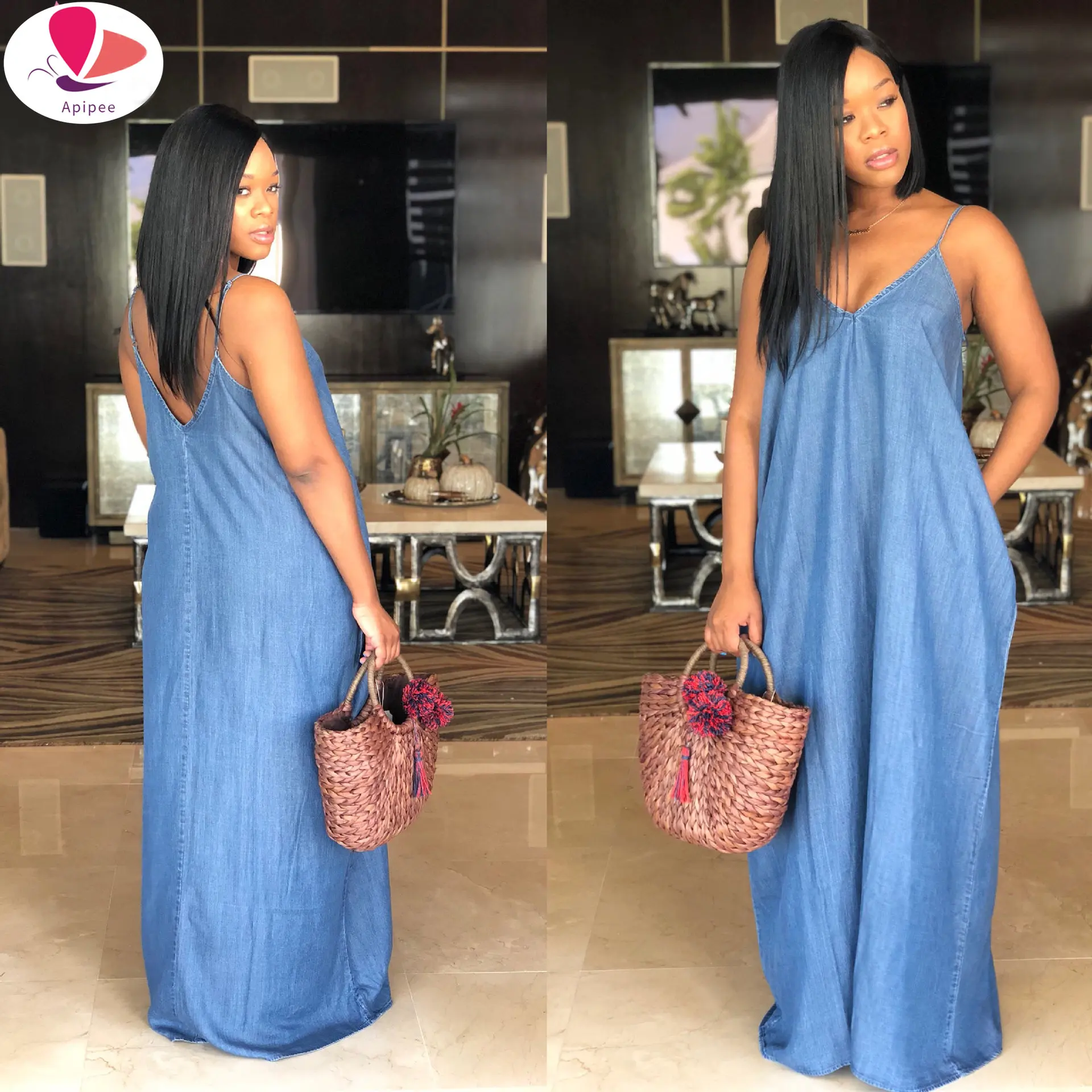 

Женское джинсовое платье-макси с открытой спиной, свободного покроя