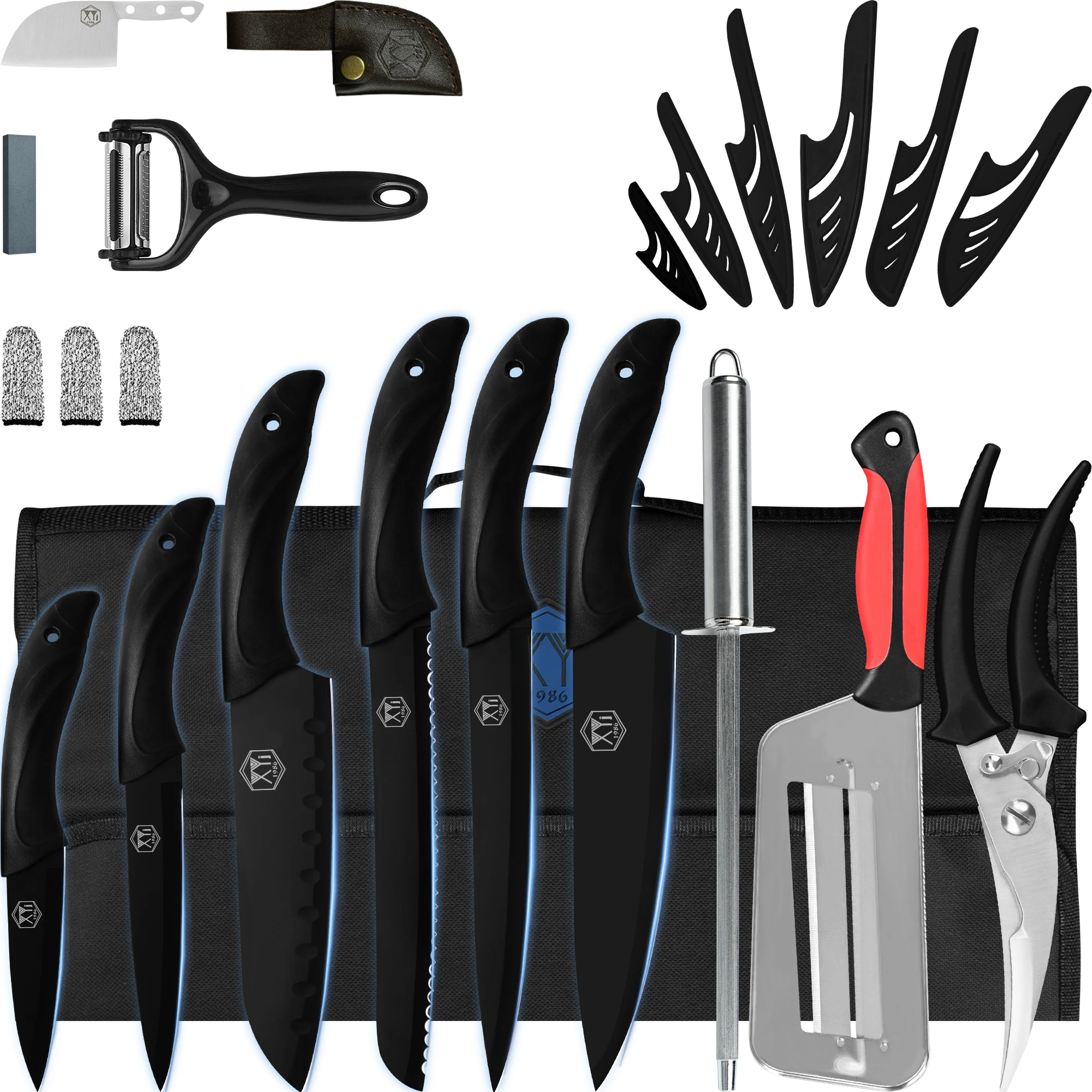 

XYj 6pcs Black Blade Knife Set Plastic Handle Honing Steel Carry Roll Bag Scissors Chef Santoku Bread Utility Paring Knives