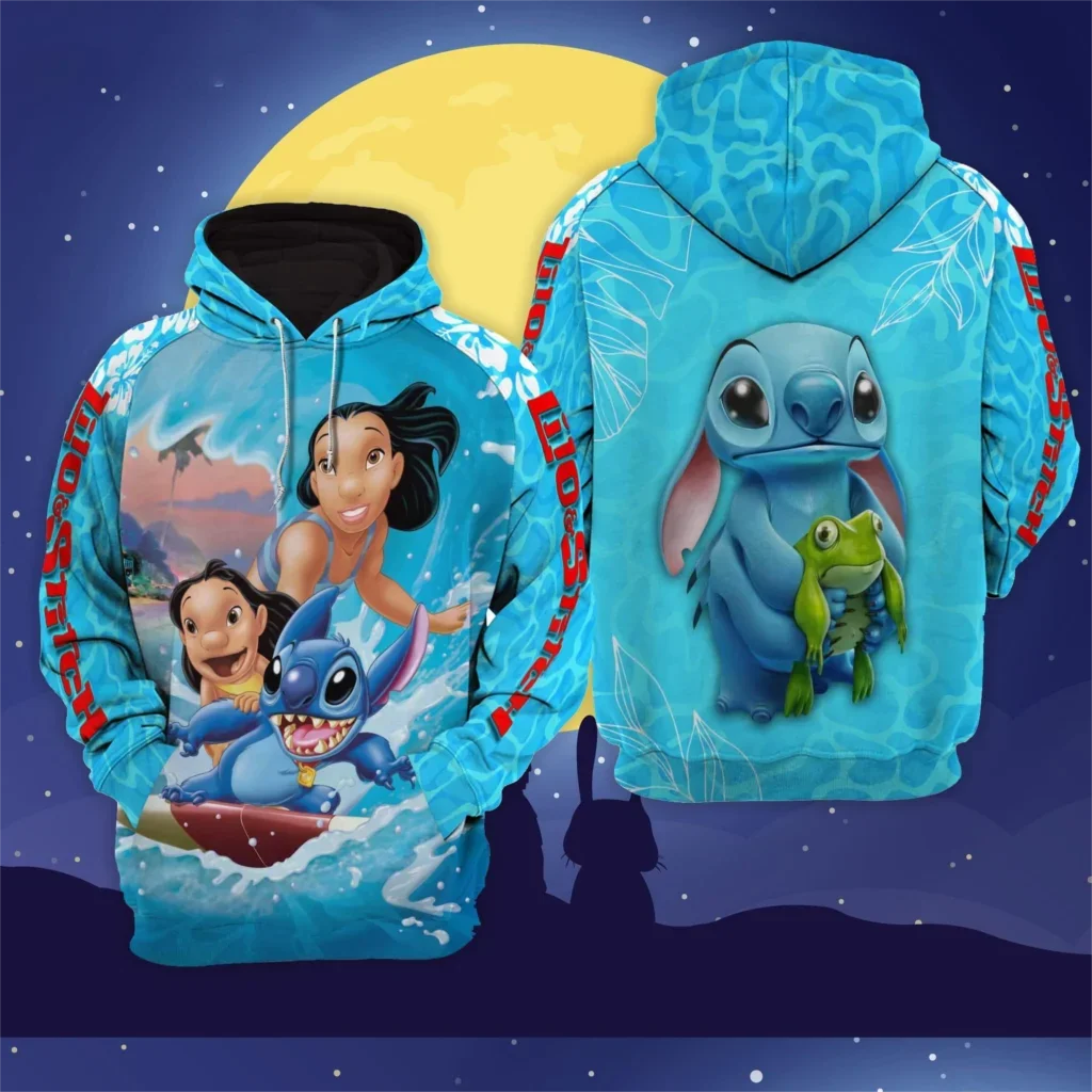 

New Spring and Summer Hawaii Surfing Lilo & Stitch Disney Cartoon 3D Hoodie Zip Hoodie Women's Clothes Oversize Casual Hoodie