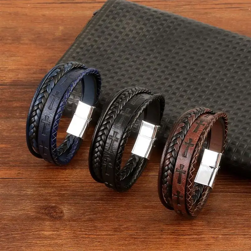 Leather Bracelet Men Cross Vintage Handwoven Hip-Hop Punk Jewelry Gift