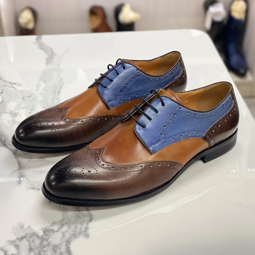 Zapatos Derby para hombre, calzado Formal de piel auténtica de vaca, punta de ala, cordones, colores mezclados, de boda, de talla grande a 13| Zapatos formales| - AliExpress