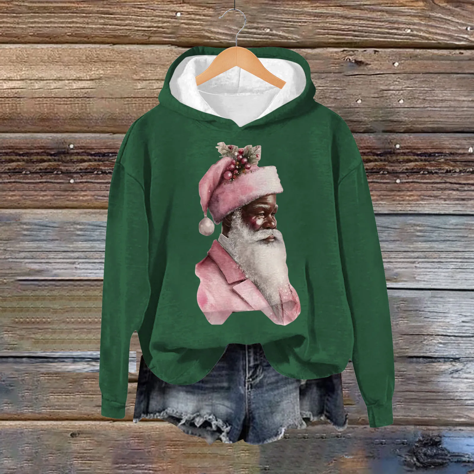 2024New Women's Black Santa Print Hoodie  Fashion Trends Cute Santa Christmas Winter Clothing Sweatshirt Holiday Xmas Tops 3