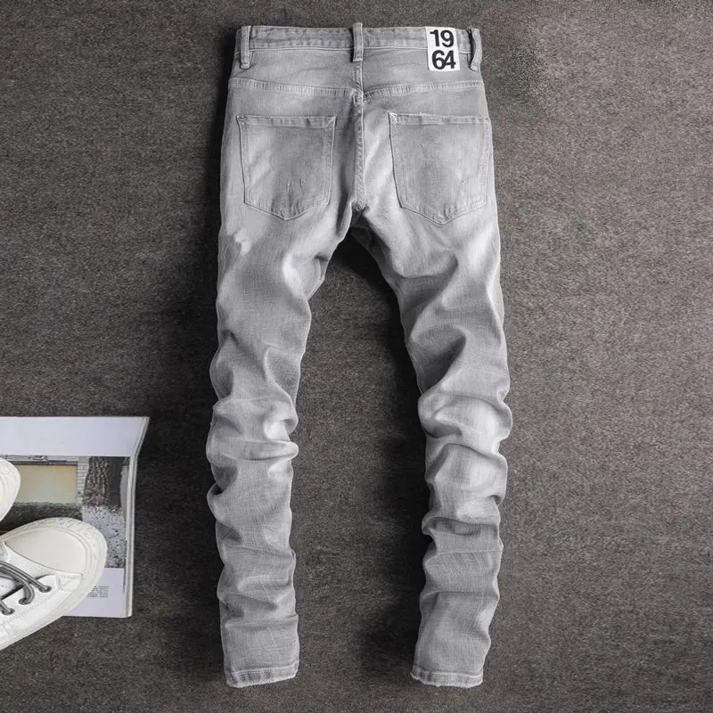 Street Fashion Men Jeans Retro Gray Stretch Slim Fit Vintage Ripped Jeans Men Embroidery Patched Designer Hip Hop Brand Pants
