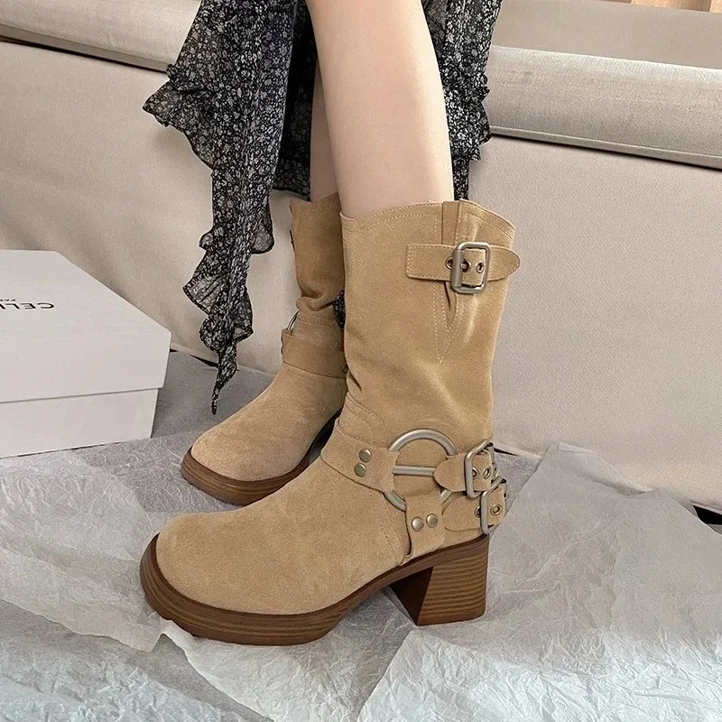 

Autumn Women's Platform Shoes 2023 New Fashion Nubuck Buckle Chunky Heel Mid Calf Boots for Women Vintage Western Cowboy Boots