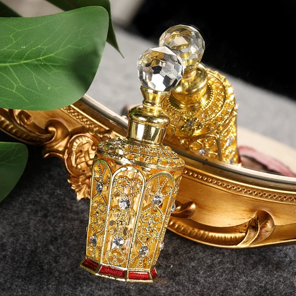 Botella de Perfume chapada en oro de 12ML, tapa de cristal con grabado de diamantes, Estilo Vintage, Boca Grande, Sub-embotellado, aceite esencial, regalo de belleza