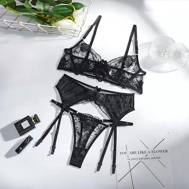 Description Picture 6 of item3 Pieces Sexy Lace Embroidery Bra Set For Women Transparent Mesh Patchwork Perspective Sexy Garters Steel Rings Underwear Set