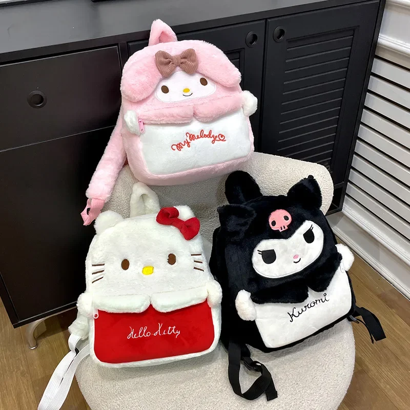 MINISO - Sanrio Girl Plush Cartoon Backpack Kawaii Kuromi KT Large Capacity Schoolbag Cute Fluffy Shoulder Bag Birthday Gift