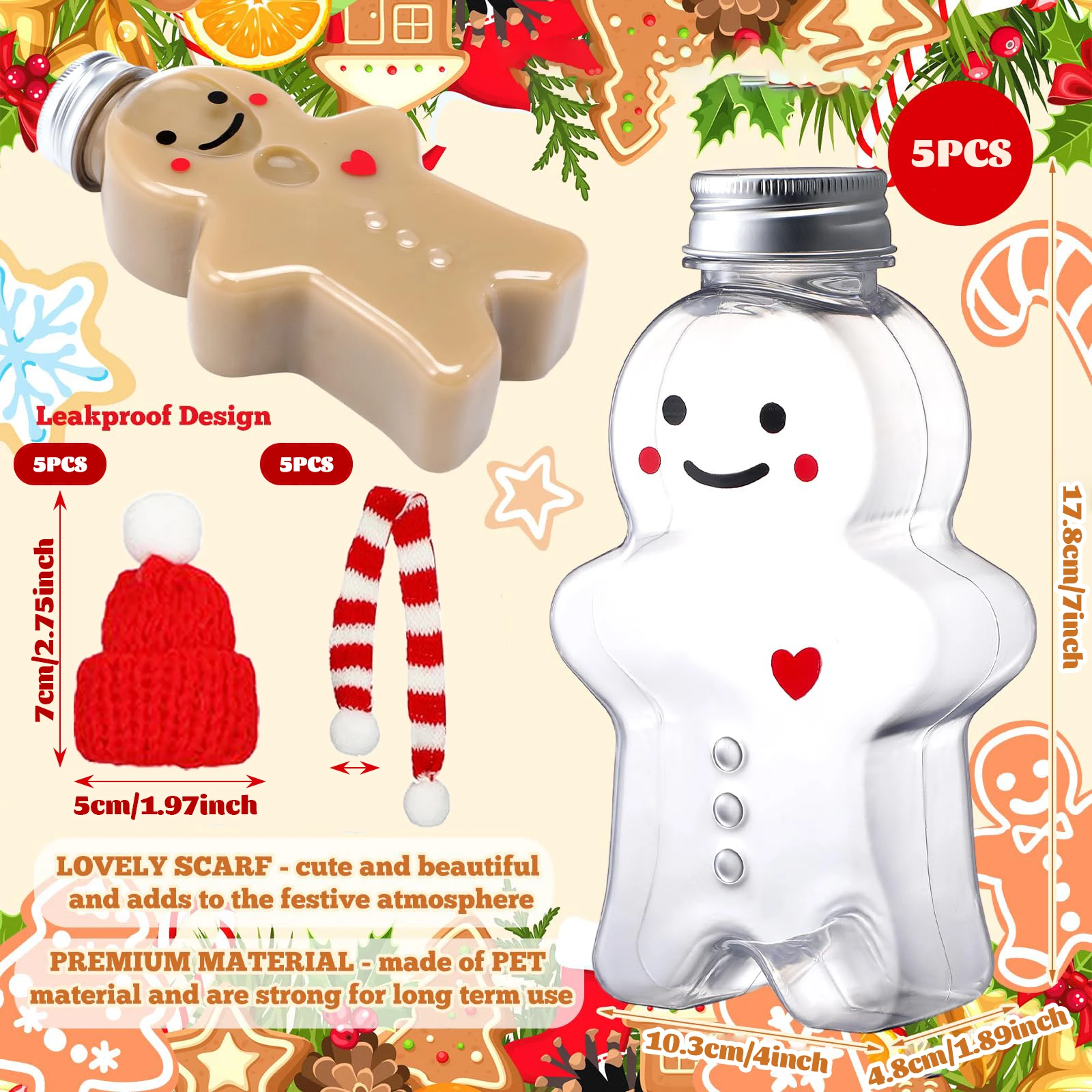 15pcs Christmas Gingerbread Man Snowman Tree Bottles with Lids Hat Scarf Clear Juice Plastic Reusable Xmas Beverage Container