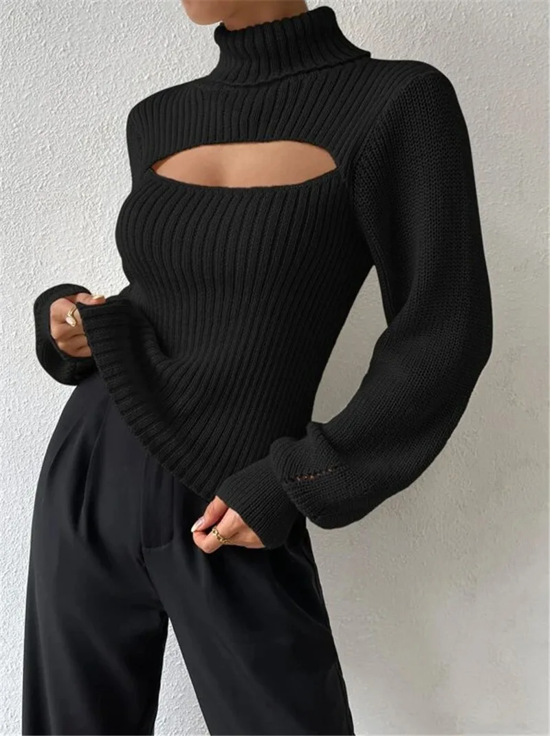 Hollow Out Knit Sweater Pullover For Women Turtleneck Fashion Ribbed High Street Long Sleeve Knitwear Loose Sweater Female