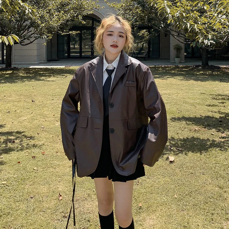 Vintage Leather Jacket Women 2022 New High-grade Suit Collar Brown PU Leather Jacket Coat, Harbor Wind Fashion