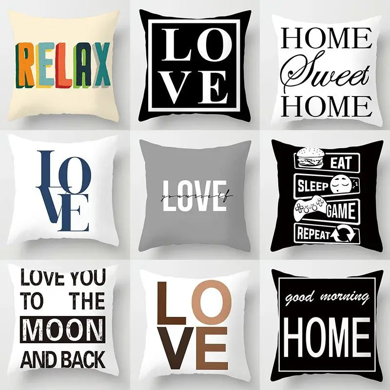 

Gray White Black Letter Home Decoration Pillowcase Square Pillowcase Party Sofa Home Office Decoration Cushion Cover