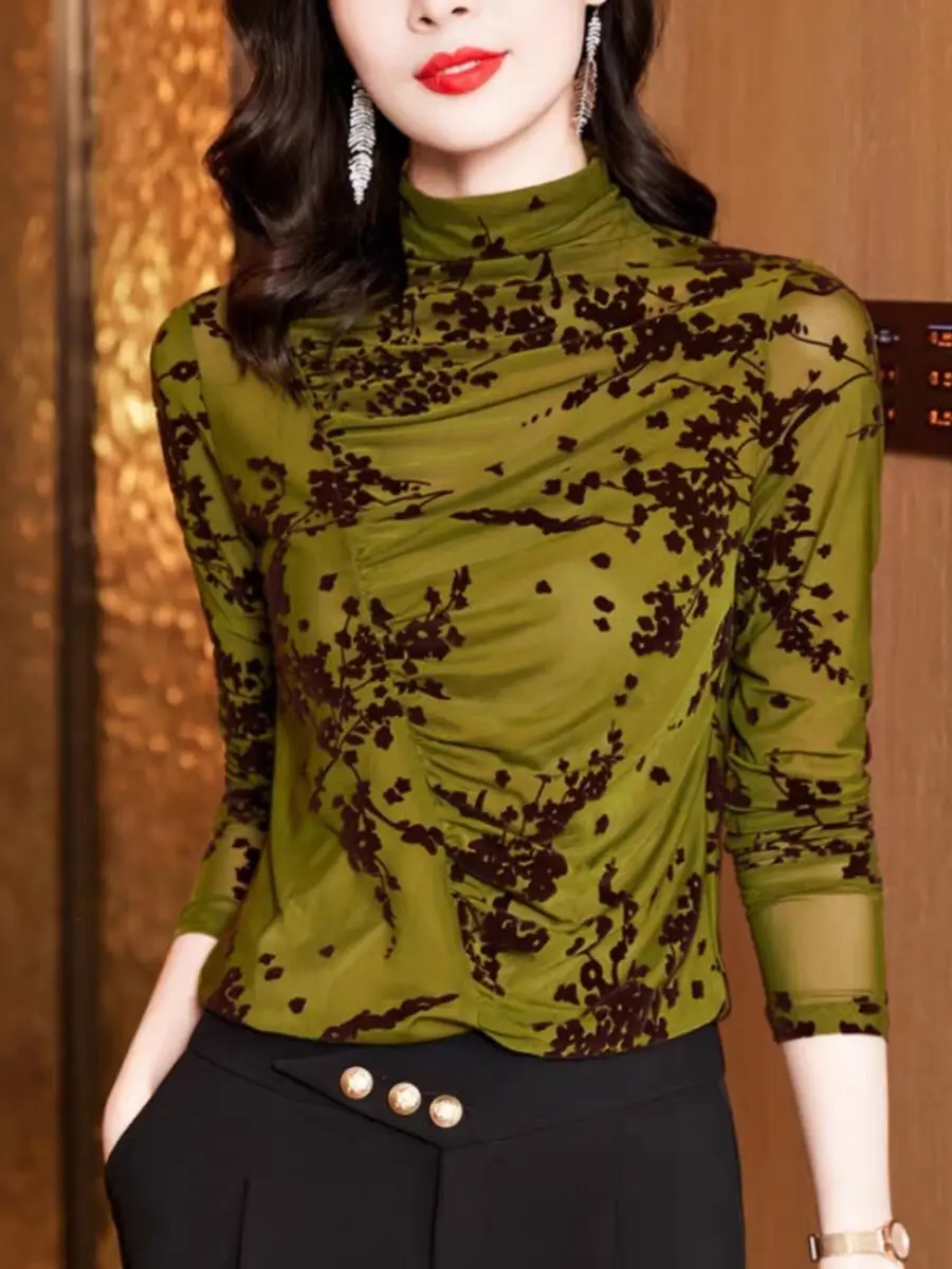 

Spring Summer Sweet Turtleneck Printed Flowers Knitted Flocking Woman Shirring Silm T-shirt Long Sleeve Female Mesh M-3XL