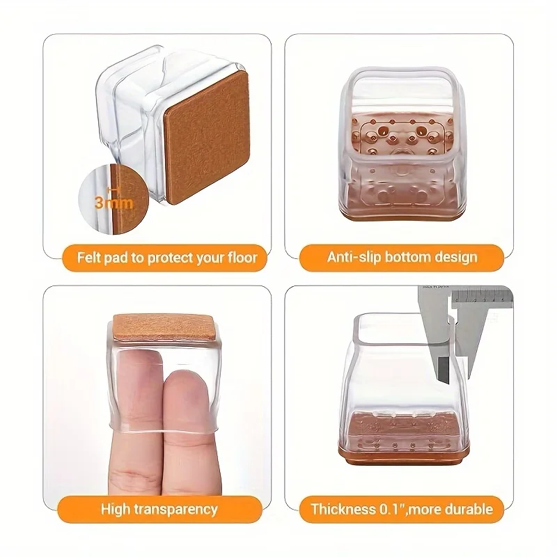 12-Pack Square Chair Leg Floor Protectors with Felt Pads - Anti-Slip Furniture Covers