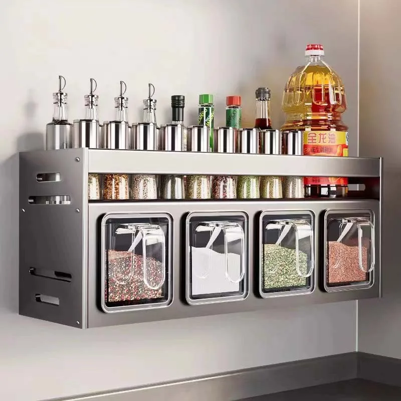Spice Rack Stainless Steel Kitchen Spice Rack Wall-Mounted Multi-Functional Spice Rack Box Jar Kitchen Storage Home Seasoning Organizer
