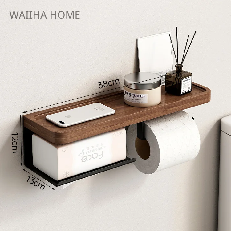 Toilet Paper Holder with Black Walnut Shelf For Bathroom Wall Mounted Double Roll Black Phone Rack