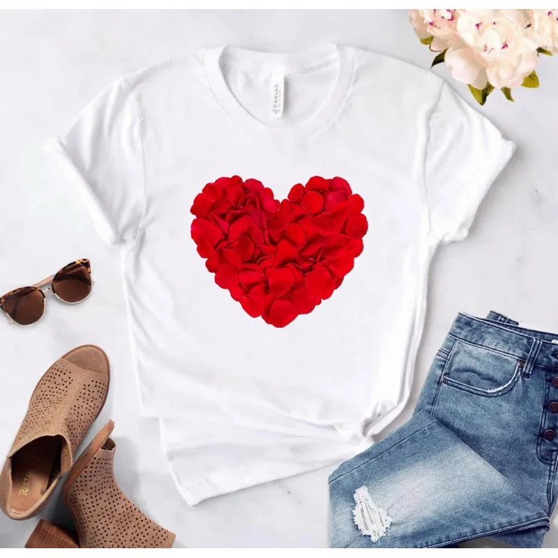 

Heart flower print women T-shirt ladies casual base tops O-collar white shirt short sleeve ladies T-shirt love graphic printing